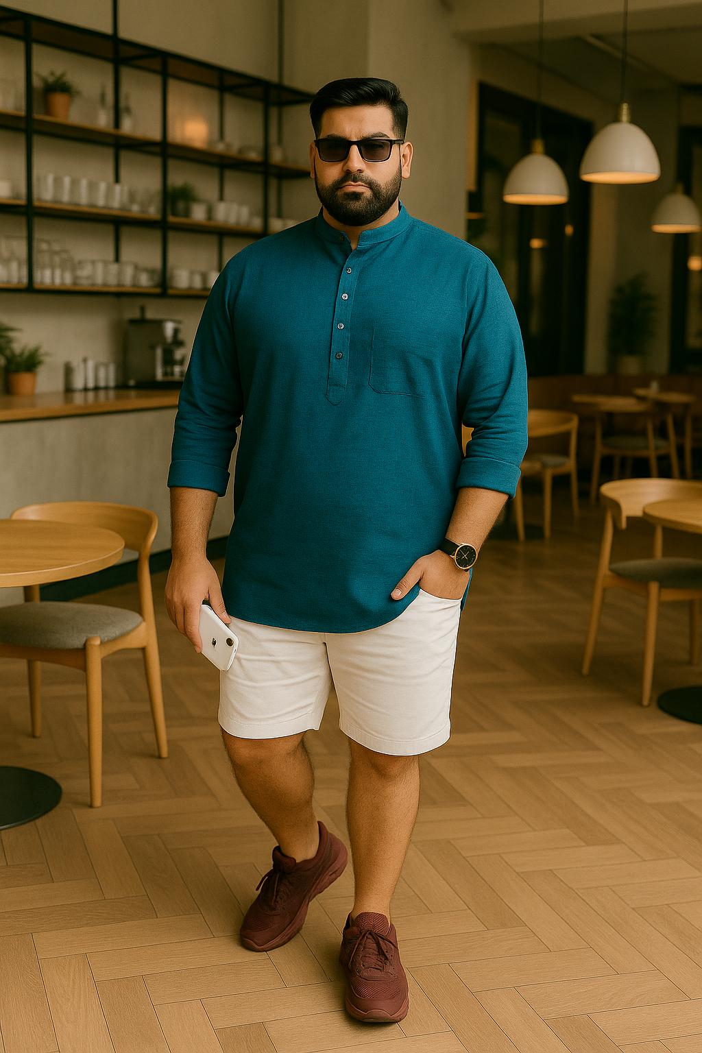 Tejas (तेजस) – Deep Teal - Premium Linen Blend Short Kurta
