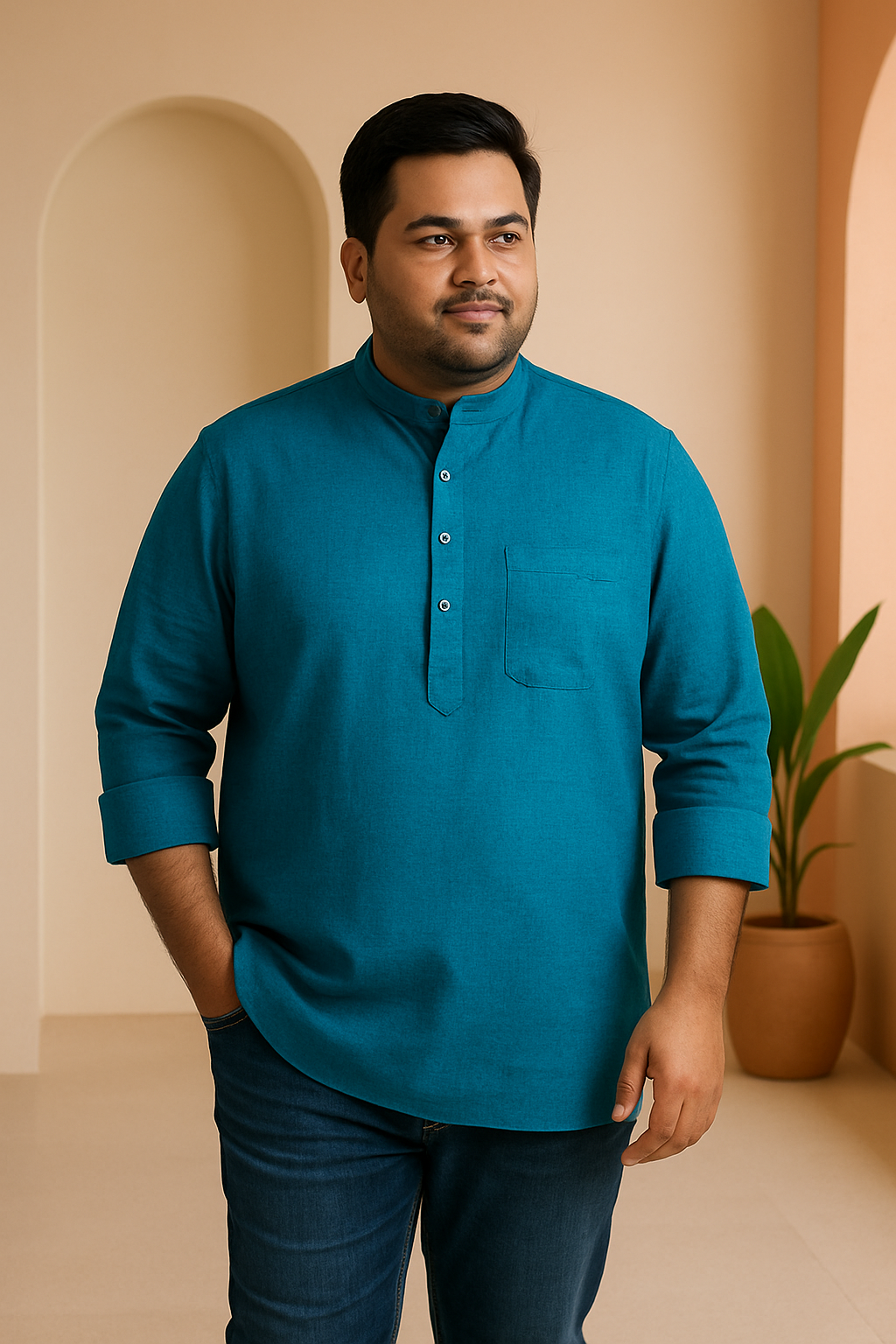 Tejas (तेजस) – Deep Teal - Premium Linen Blend Short Kurta